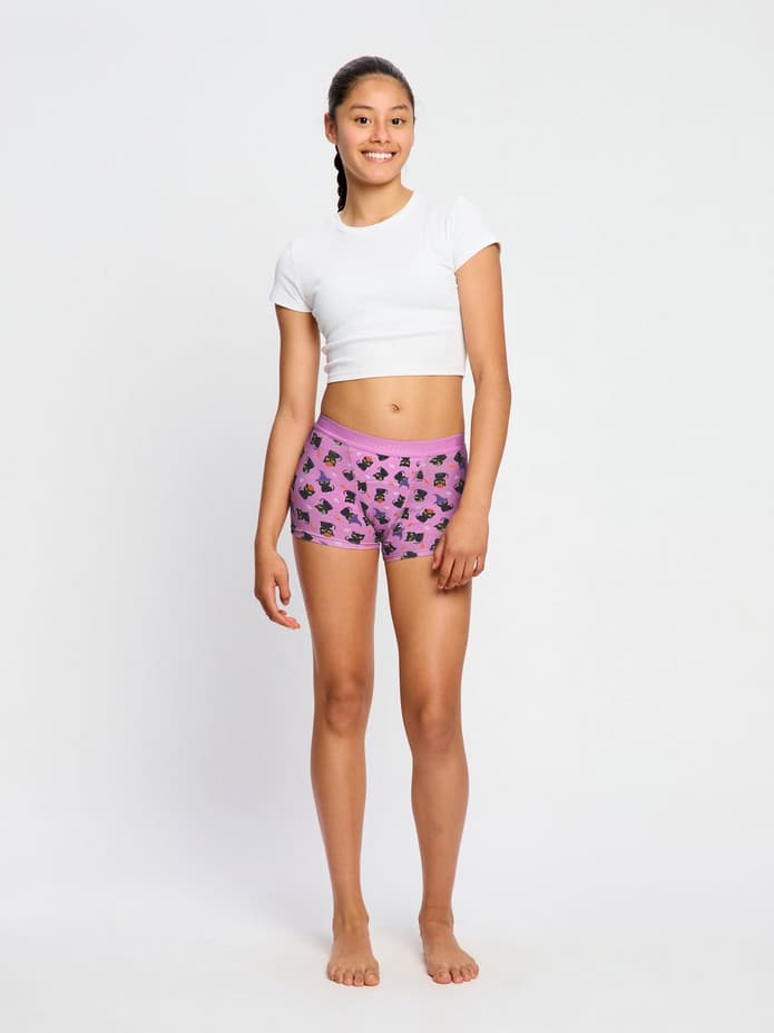 Dívčí menstruační kalhotky Modibodi Teen Hipster Boyshort Super Witchy Whiskers Pink (DMKMTHBSWWP)