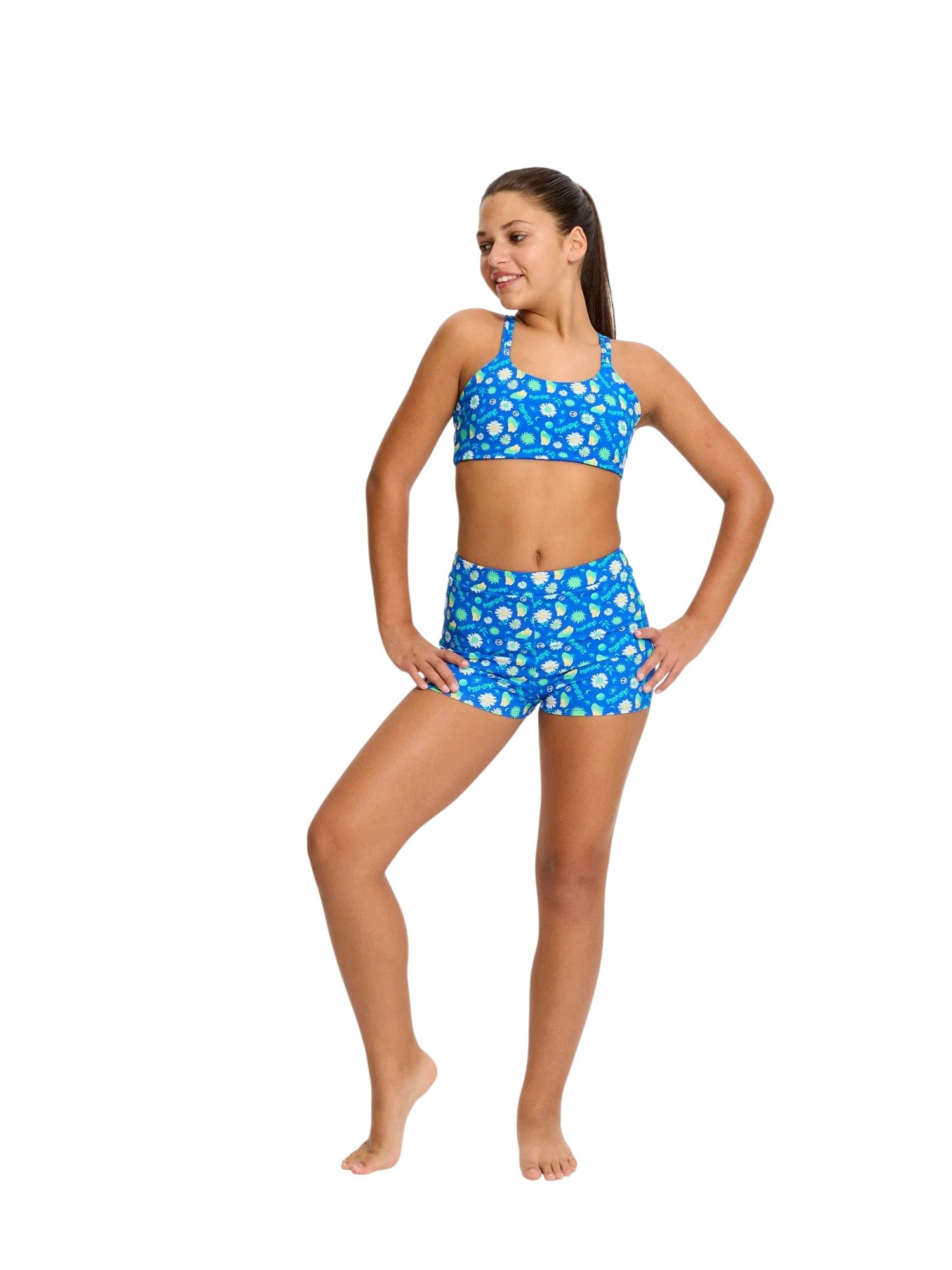 Dívčí menstruační plavky Modibodi Teen Smileyworld Hi Waist Short Boho Botanical Blue spodní díl (DMPMTSHWSBBBSD)