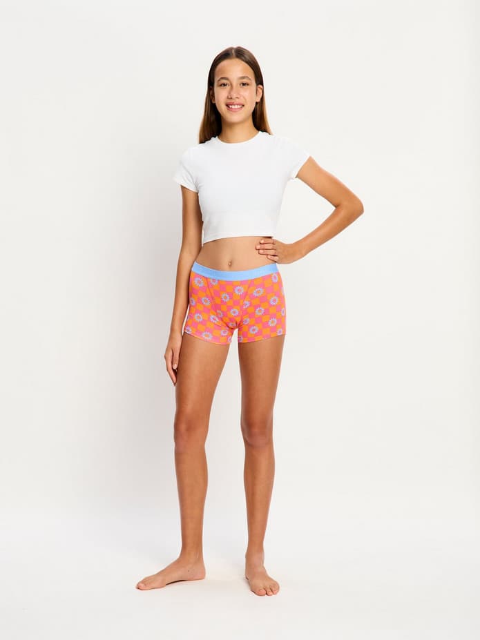 Dívčí menstruační kalhotky Modibodi Teen Hipster Boyshort Moderate Flower Checkerboard (DMKMTHBMFC)
