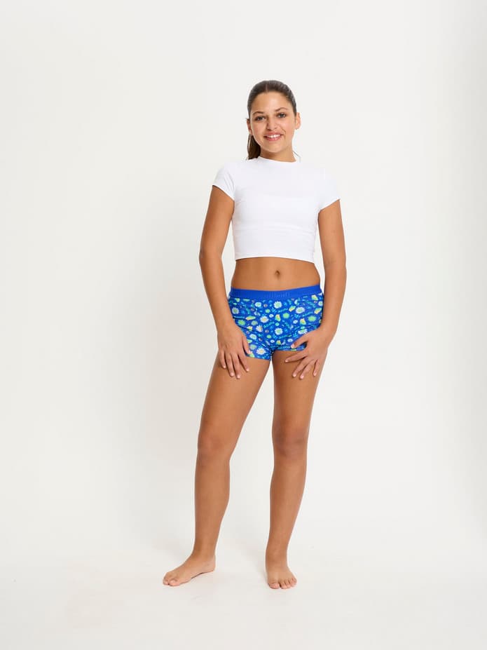 Dívčí menstruační kalhotky Modibodi Teen Hipster Boyshort Super Boho Botanical Blue (DMKMTHBSBBB)