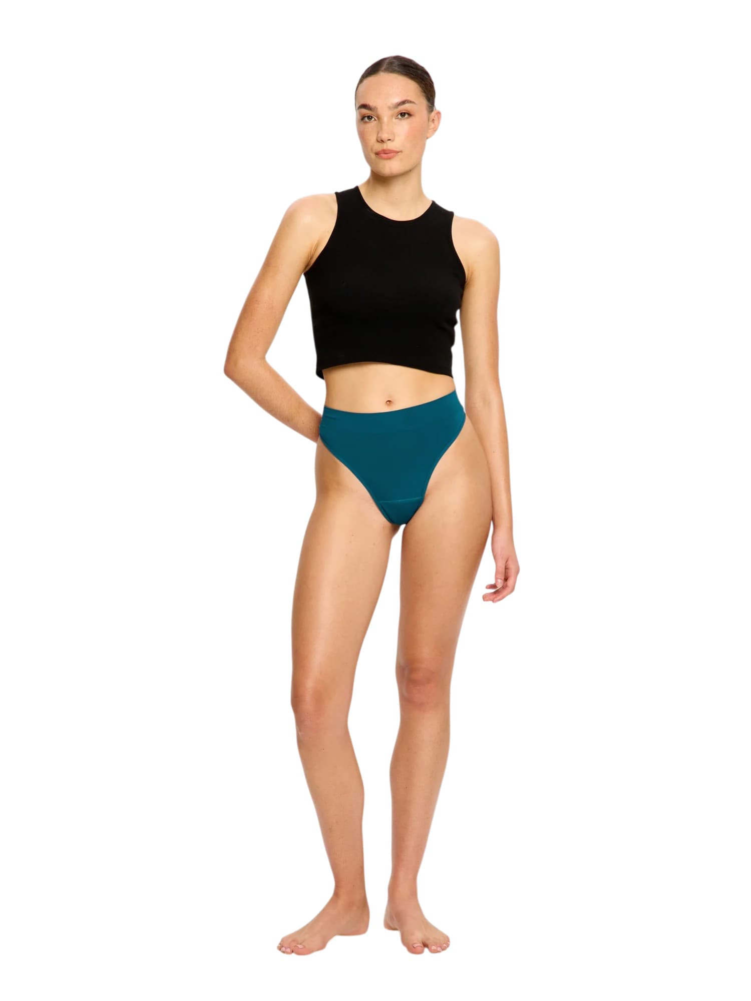 Menstruační tanga Modibodi Modicomfort Seamless Hi Waist Thong Light Teale Blue (MTMMSHWTLTB)