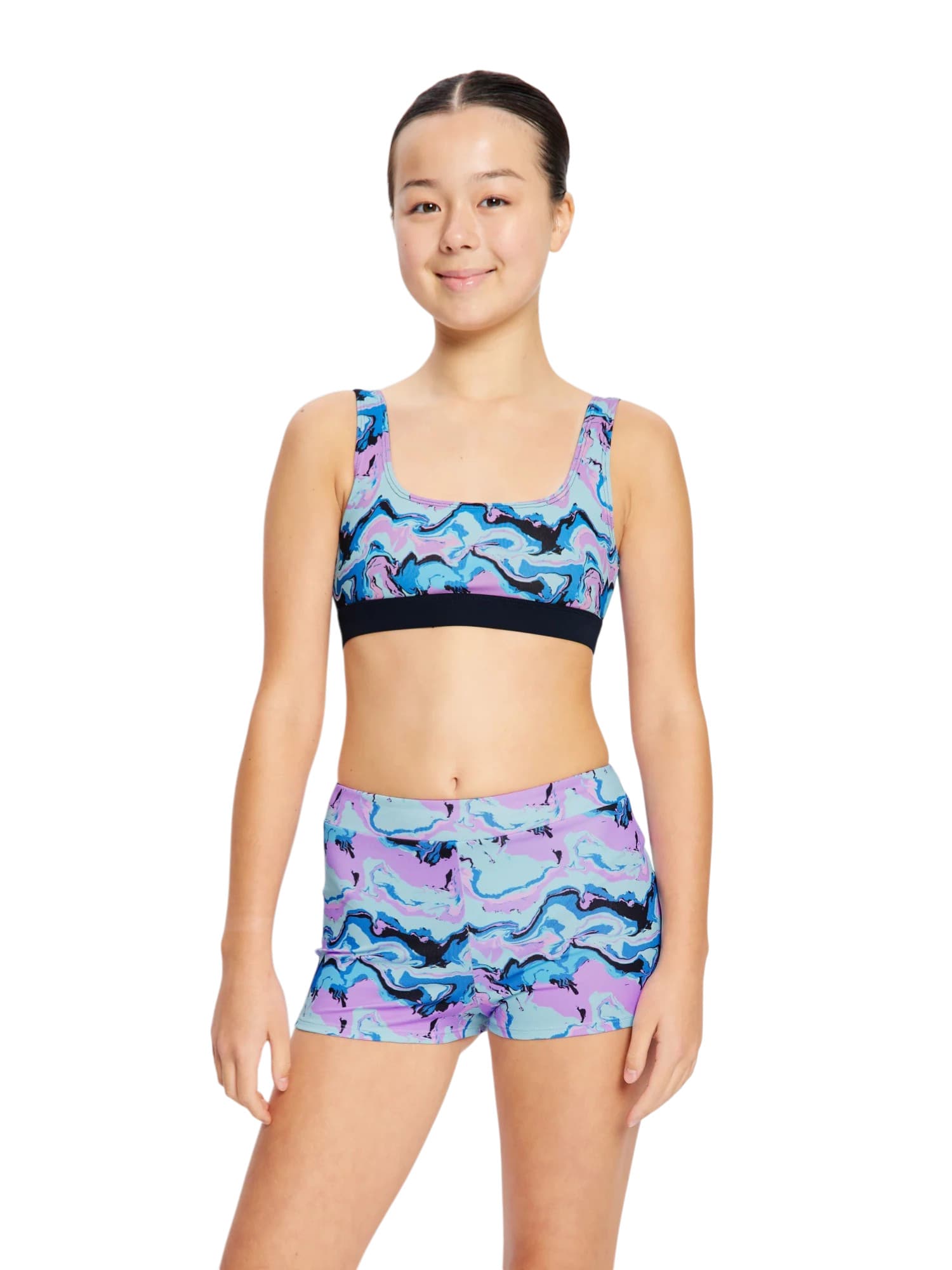 Dívčí menstruační plavky Modibodi Performance Hi Waist Short Super Marble Blue spodní díl (DMPMPHWSSMB)