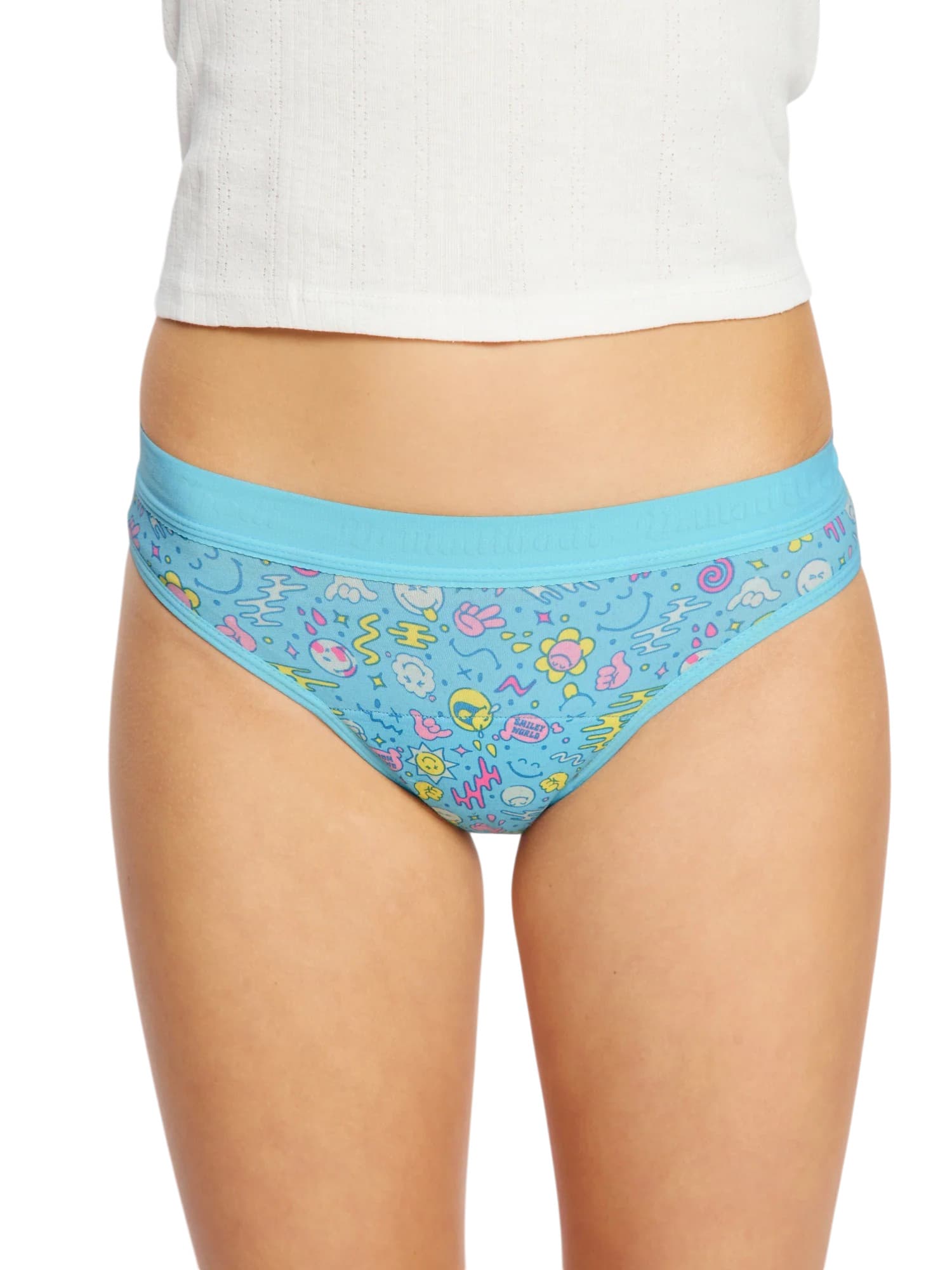 Dívčí menstruační kalhotky Modibodi Smileyworld Teen Hipster Bikini Moderate Wonderlust Blue (DMKMSTHBMWB)