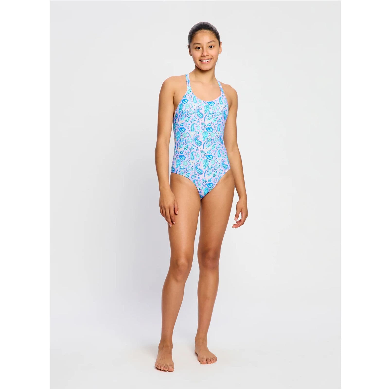 Dívčí menstruační plavky Modibodi Cross Back One Piece Super Paisley Pink jednodílné (SWOPHIPLPT)